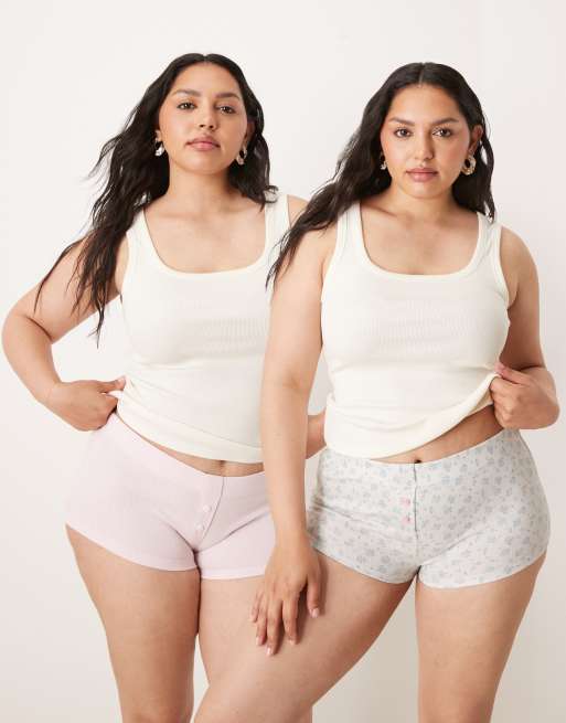 ASOS DESIGN Curve – Zestaw 2 par bokserek z dzianiny pointelle z kwiatowym wzorem i w kolorze różowym
