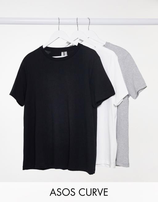 ASOS DESIGN Curve – Zestaw 3 bawełnianych T-shirtów z okrągłym dekoltem w kolorze czarnym, białym i melanżowym szarym – zestaw w dobrej cenie – MULTI