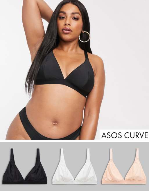 ASOS DESIGN Curve – Zestaw 3 biustonosz z mikrofibry z trójkątnymi miseczkami – MULTI