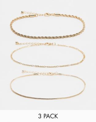 ASOS DESIGN Curve – Zestaw 3 bransoletek na kostkę z różnych łańcuszków w odcieniu złota