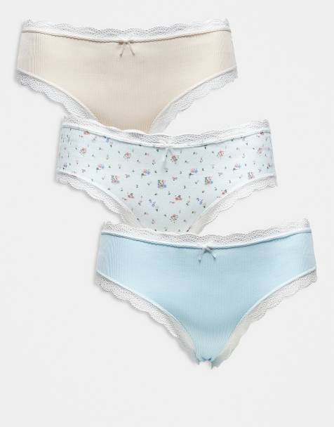 ASOS DESIGN Curve – Zestaw 3 par fig brazylijskich z koronką w kolorach kremowym i niebieskim: w drobny kwiatowy wzór i prążkowane - view 1