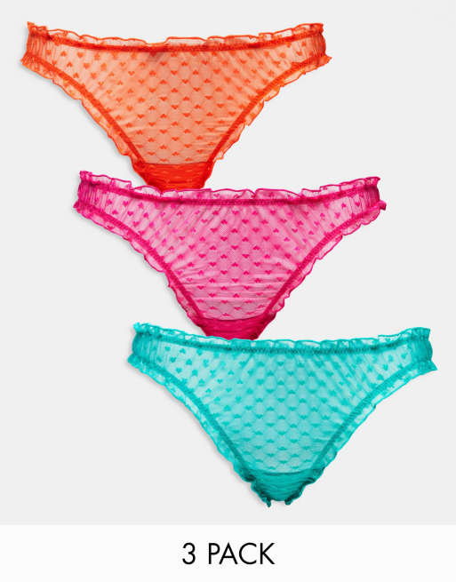 ASOS DESIGN Curve – Zestaw 3 par marszczonych siateczkowych stringów z siateczki w serca w kolorze pomarańczowym, różowym i turkusowym