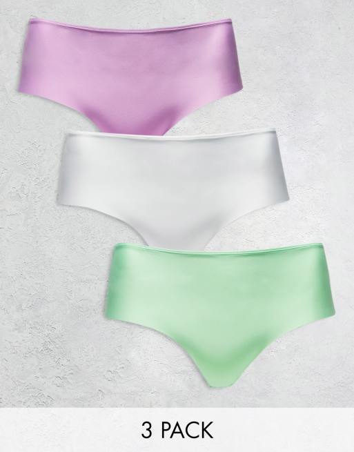 ASOS DESIGN Curve – Zestaw 3 par niewidocznych majtek o obniżonym kroju w kolorach białym, liliowym i pistacjowym