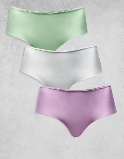 ASOS DESIGN Curve – Zestaw 3 par niewidocznych majtek o obniżonym kroju w kolorach białym, liliowym i pistacjowym