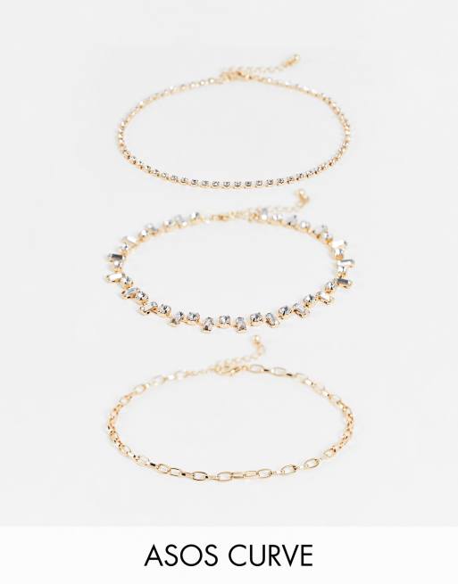 ASOS DESIGN Curve – Zestaw 3 złotych bransoletek z kryształkami na kostkę