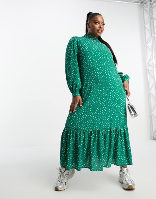 ASOS DESIGN Curve – Zielona luźna sukienka maxi z golfem w kropki