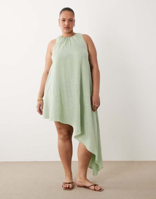 ASOS DESIGN Curve – Zielona obszerna sukienka mini z asymetrycznym dołem w paski, 2 z 4