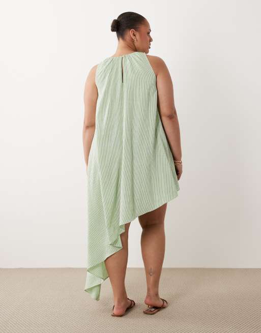 ASOS DESIGN Curve – Zielona obszerna sukienka mini z asymetrycznym dołem w paski, 4 z 4