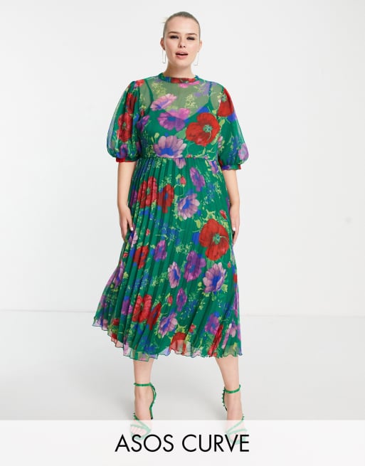 ASOS DESIGN Curve – Zielona plisowana sukienka midi z bufkami i zabudowanym dekoltem z materiału dobby w jodełkę