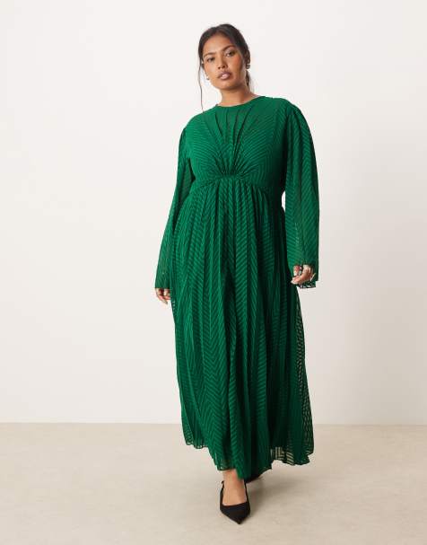 ASOS DESIGN Curve tie back fluted sleeve pleated chevron chiffon midi dress in green