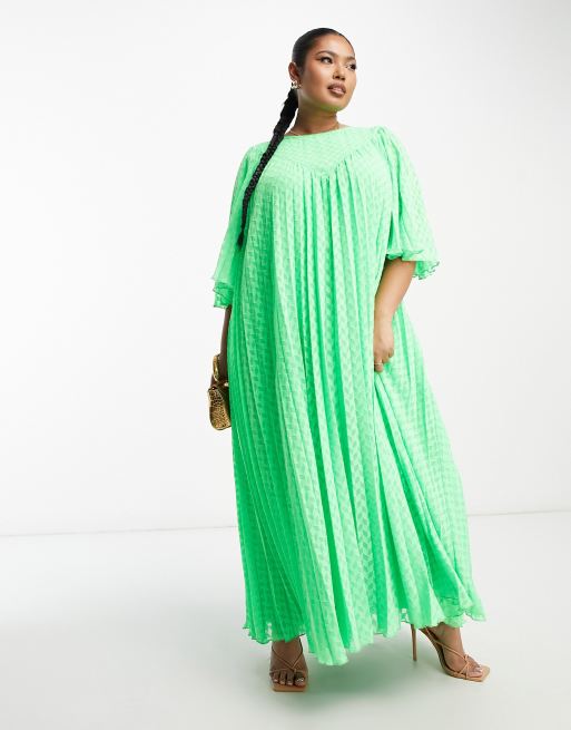 ASOS DESIGN Curve – Zielona plisowana sukienka midi z tkaniny dobby z plisowanymi rękawami i karczkiem w kształcie litery V