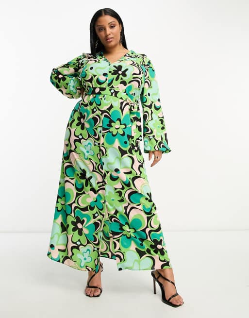 ASOS DESIGN Curve – Zielona sukienka koszulowa maxi z wiązaniem z przodu w dużym kwiatowy wzór retro