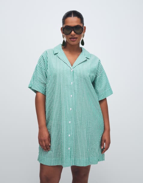 ASOS DESIGN Curve – Zielona sukienka koszulowa w paski - view 1