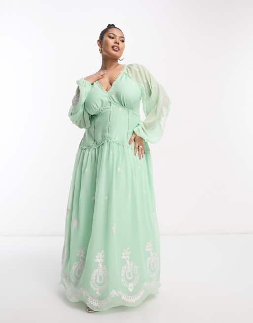 ASOS DESIGN Curve – Zielona sukienka maxi z odkrytymi plecami, dekoltem w szpic i ozdobnym wykończeniem w haftowany wzór