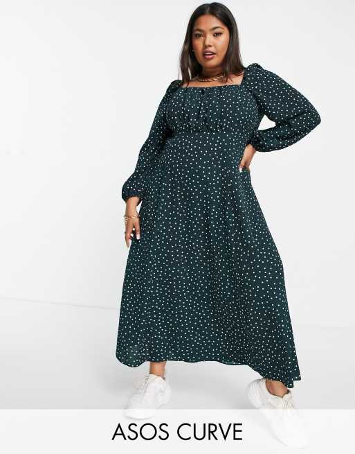 ASOS DESIGN Curve – Zielona sukienka midi z marszczonym dekoltem karo i wzorem w kropki