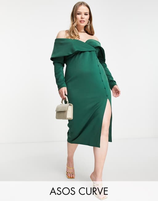 ASOS DESIGN Curve – Zielona sukienka midi z zakładanym dekoltem bardot