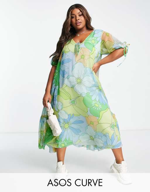 ASOS DESIGN Curve – Zielona trapezowa sukienka maxi w kwiatowy wzór w stylu lat 70. 