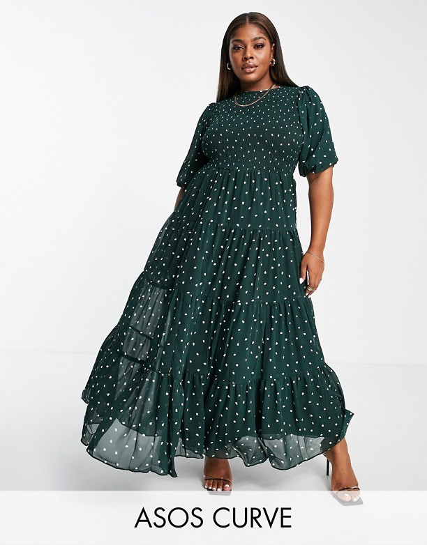  Projekty ASOS DESIGN Curve – Zielona warstwowa sukienka maxi z marszczeniem i wzorem w groszki Green spot print