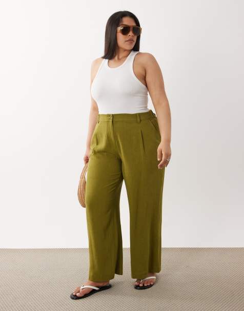 ASOS DESIGN Curve – Zielone luźne spodnie z prostymi nogawkami z domieszką lnu - view 1