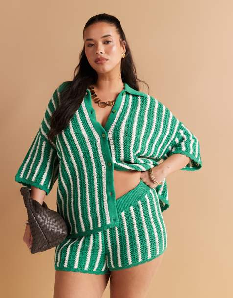 ASOS DESIGN Curve – Zielony dzianinowy zestaw w paski z muszelkowym wykończeniem: koszula i szorty - view 1