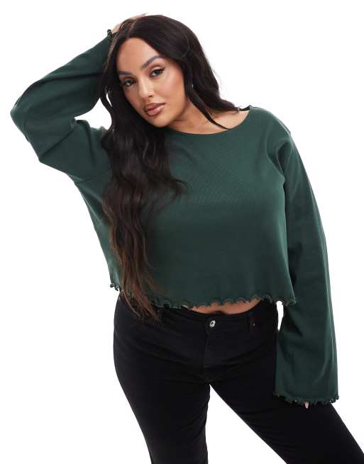 ASOS DESIGN Curve – Zielony T-shirt z długim rękawem i karbowanym wykończeniem
