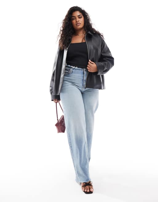 ASOS DESIGN Curve zip front leather look harrington jacket in black, 2 of 4