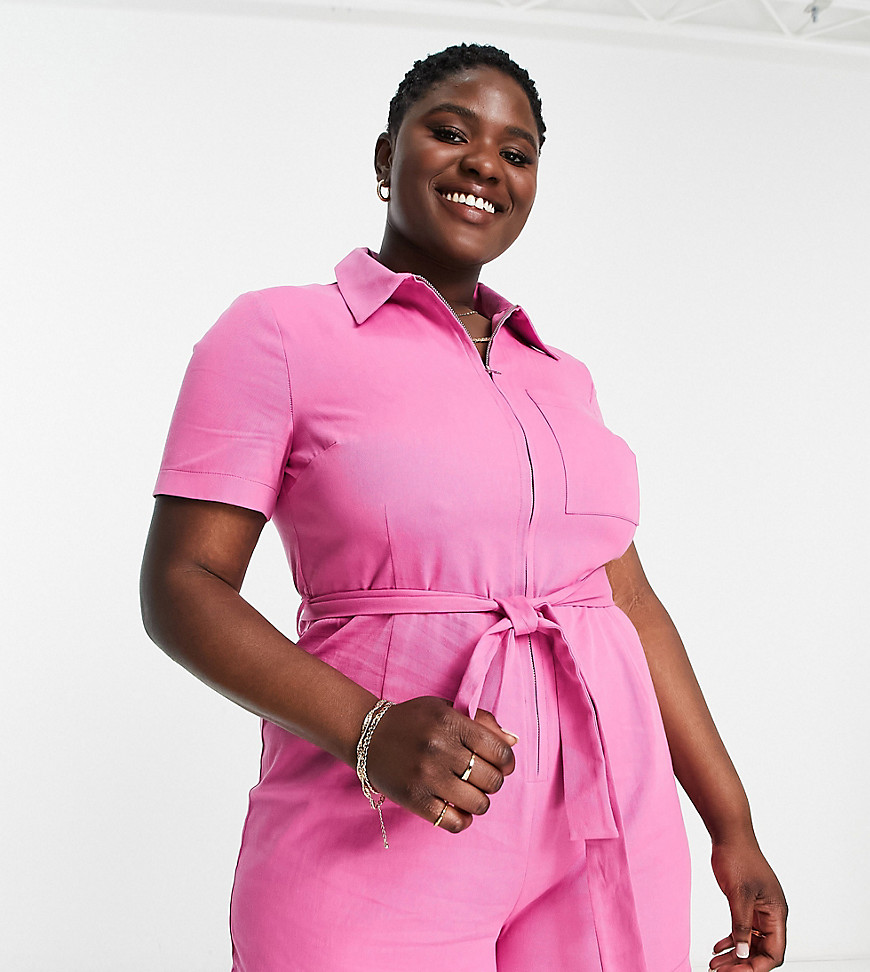 Asos Design Curve Zip Front Twill Playsuit In Pink