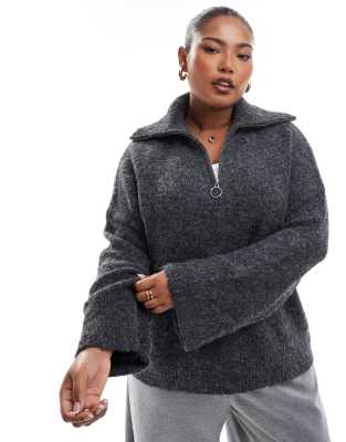 ASOS DESIGN Curve zip neck sweater in fluffy yarn in charcoal-Gray