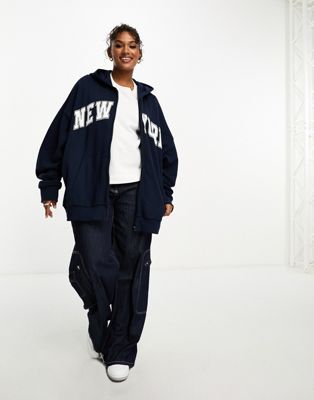 ASOS DESIGN Curve zip through hoodie with new york graphic in navy