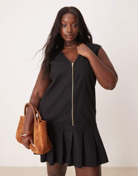 ASOS DESIGN Curve zip through mini  twill pinny dress with pleated skirt in black - view 1