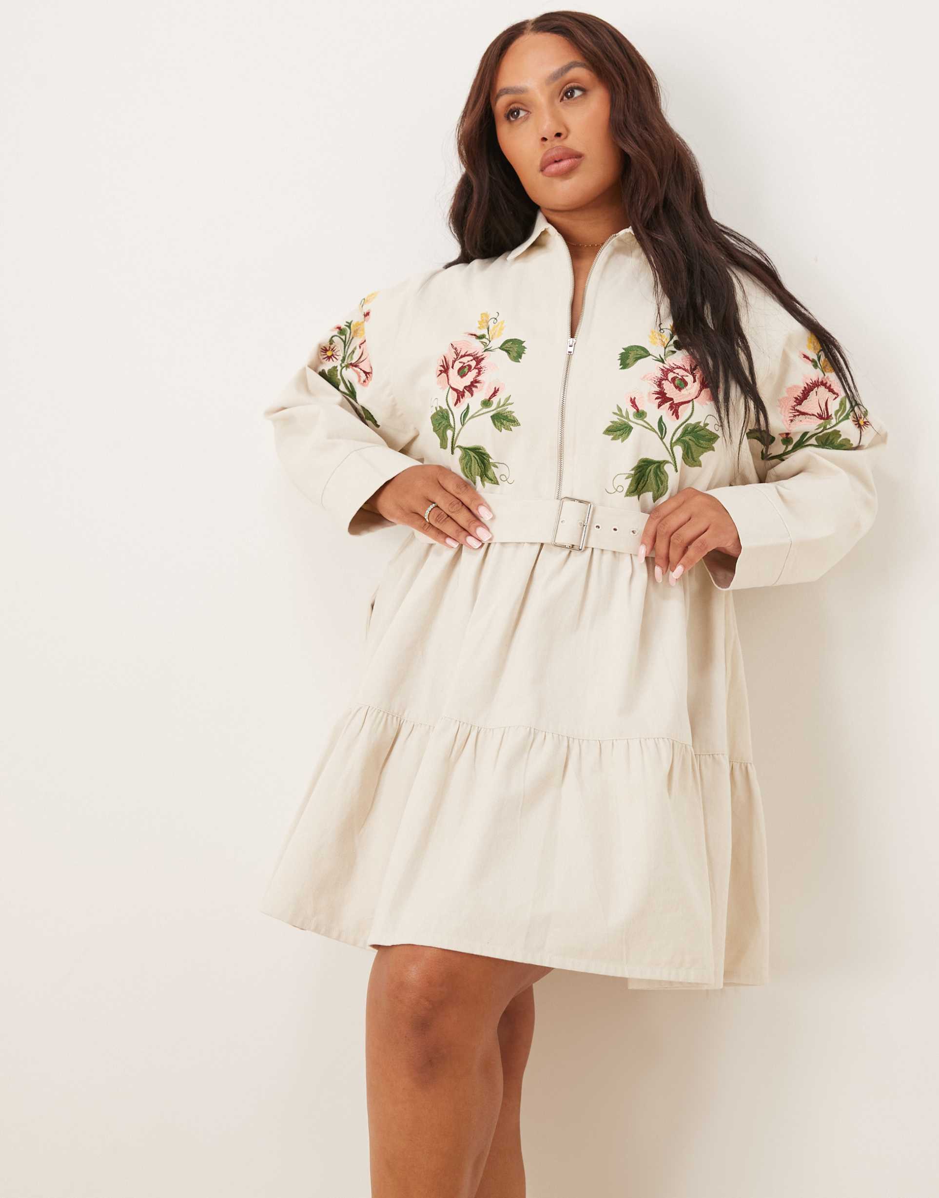 asos design curve zip up twill mini shirt dress with embroidery in cream
