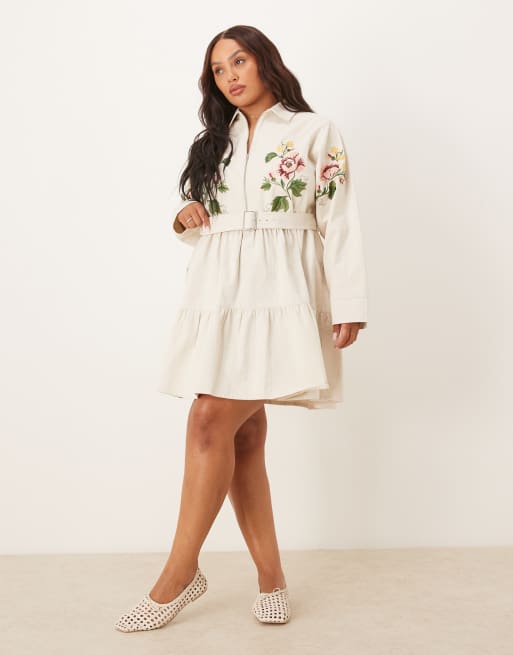 ASOS DESIGN Curve zip up twill mini shirt dress with embroidery in cream