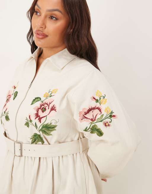 ASOS DESIGN Curve zip up twill mini shirt dress with embroidery in cream