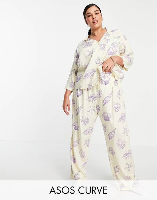 ASOS DESIGN Curve – Żółta piżama z modalu we wzór w muszle: koszula z długim rękawem i spodnie
