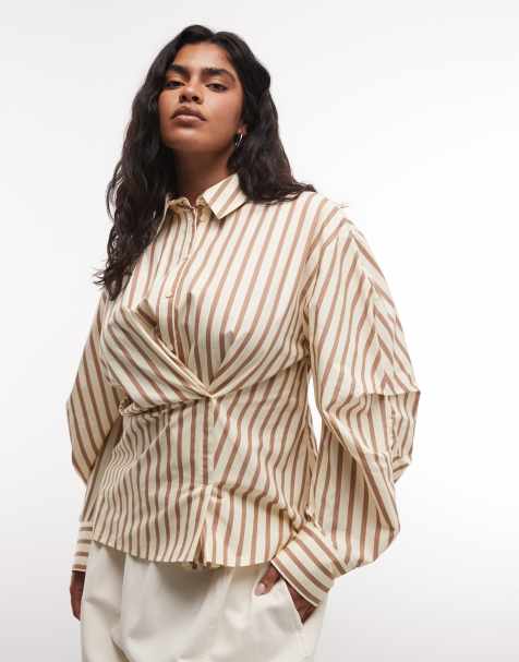 ASOS DESIGN Curve – Żółta zwężana w talii koszula kopertowa z obszernymi rękawami i wzorem w paski - view 1