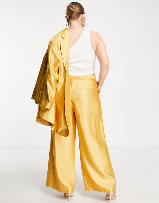 ASOS DESIGN Curve – Złote atłasowe spodnie garniturowe z szerokimi nogawkami , 2 z 4