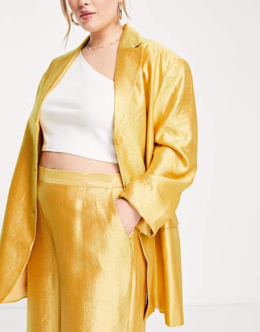 ASOS DESIGN Curve – Złote atłasowe spodnie garniturowe z szerokimi nogawkami , 3 z 4