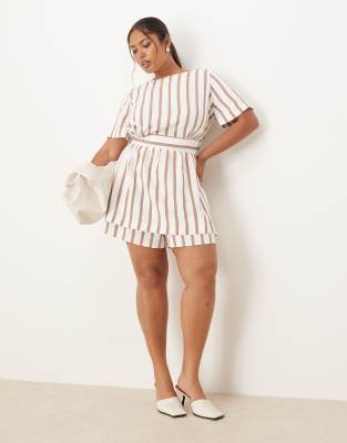 ASOS DESIGN Curve - Zweilagiger Playsuit in gestreiftem Naturton mit gebundener Rückseite-Bunt