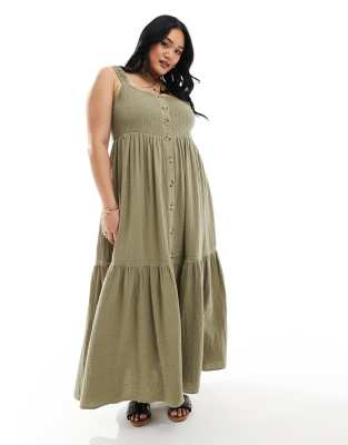 ASOS DESIGN Curve - Zweilagiges, gesmoktes Maxikleid in Khaki mit Knopfleiste und Schleife am Rücken-Grün