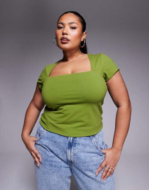 ASOS DESIGN Curve – Zweilagiges Oberteil in Khaki mit eckigem Ausschnitt und Kappärmeln - view 1