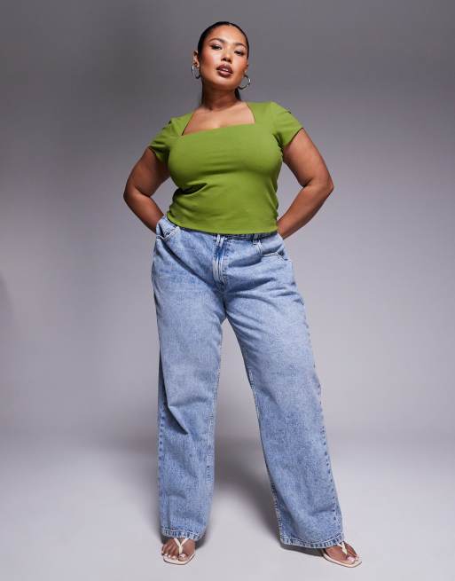 ASOS DESIGN Curve – Zweilagiges Oberteil in Khaki mit eckigem Ausschnitt und Kappärmeln, 2 von 4