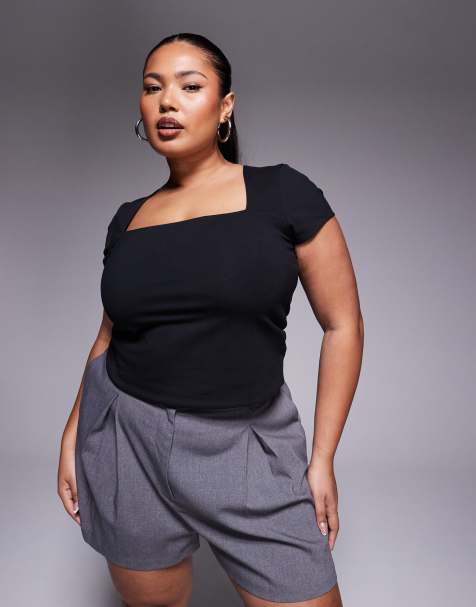 ASOS DESIGN Curve – Zweilagiges Oberteil in Schwarz mit eckigem Ausschnitt und Kappärmeln - view 1