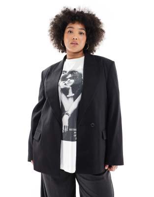 ASOS DESIGN Curve - Zweireihiger Blazer in Schwarz mit verstärkter Schulter