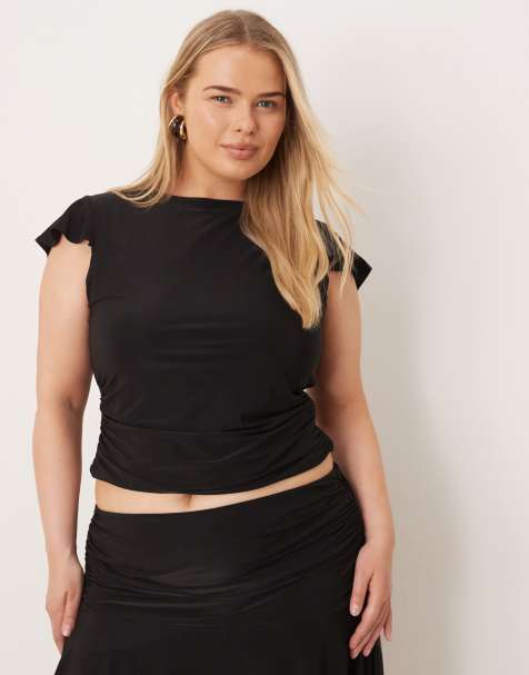 ASOS DESIGN Curve co-ord floaty top with cap sleeve and ruched under bust in black