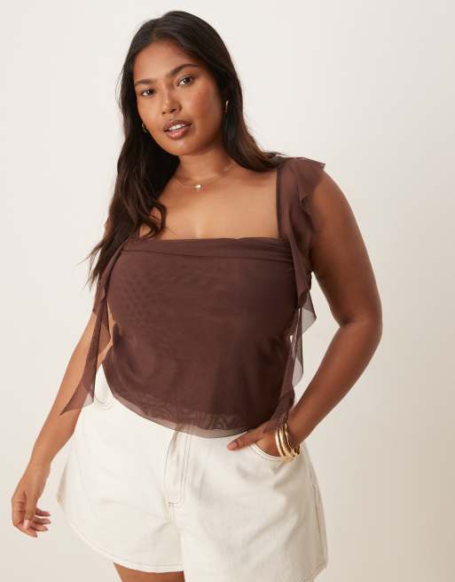 ASOS DESIGN Curve – Zwiewny siateczkowy top na ramiączkach z marszczeniem w czekoladowym kolorze