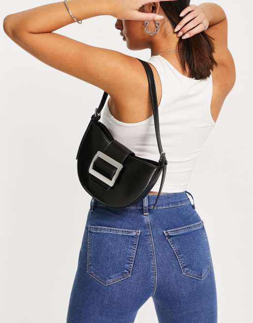 ASOS DESIGN curved 90s shoulder bag with chain strap in black