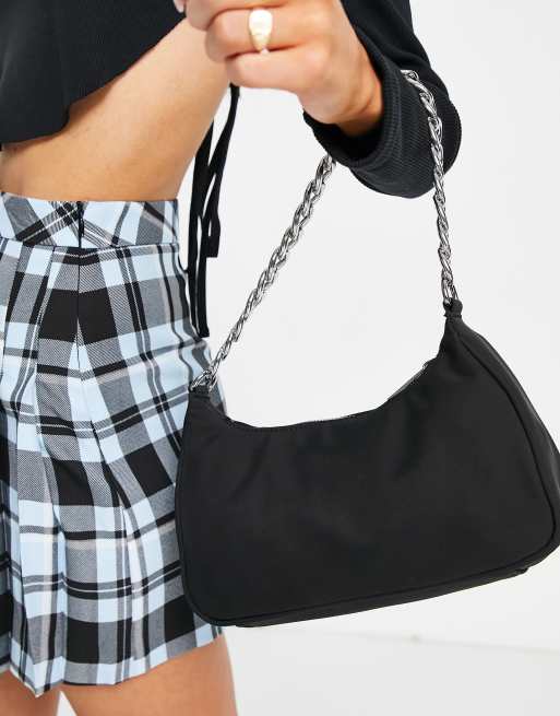 ASOS DESIGN curved 90s shoulder bag with chain strap in black