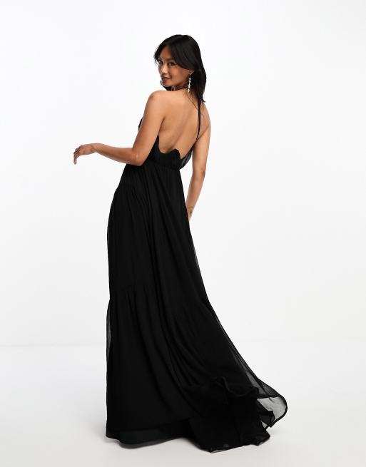 ASOS DESIGN curved bar neckline tiered maxi dress in black