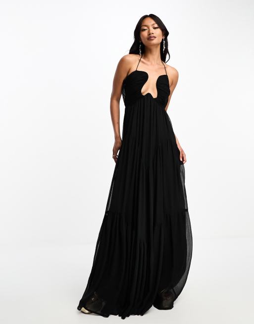 ASOS DESIGN curved bar neckline tiered maxi dress in black