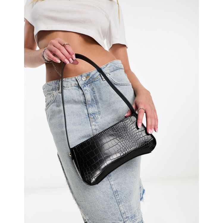 ASOS DESIGN black croc effect shoulder bag with chunky chain